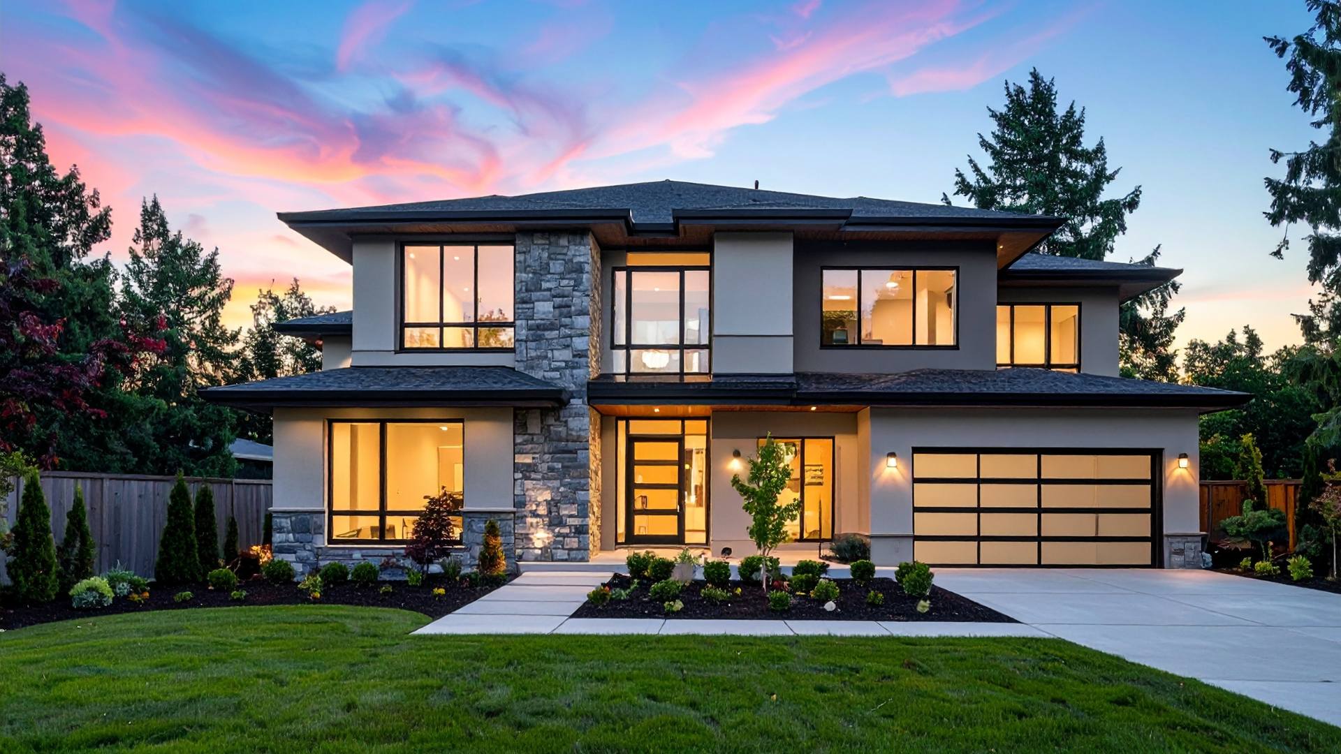 Modern home with large glass windows lit at sunset