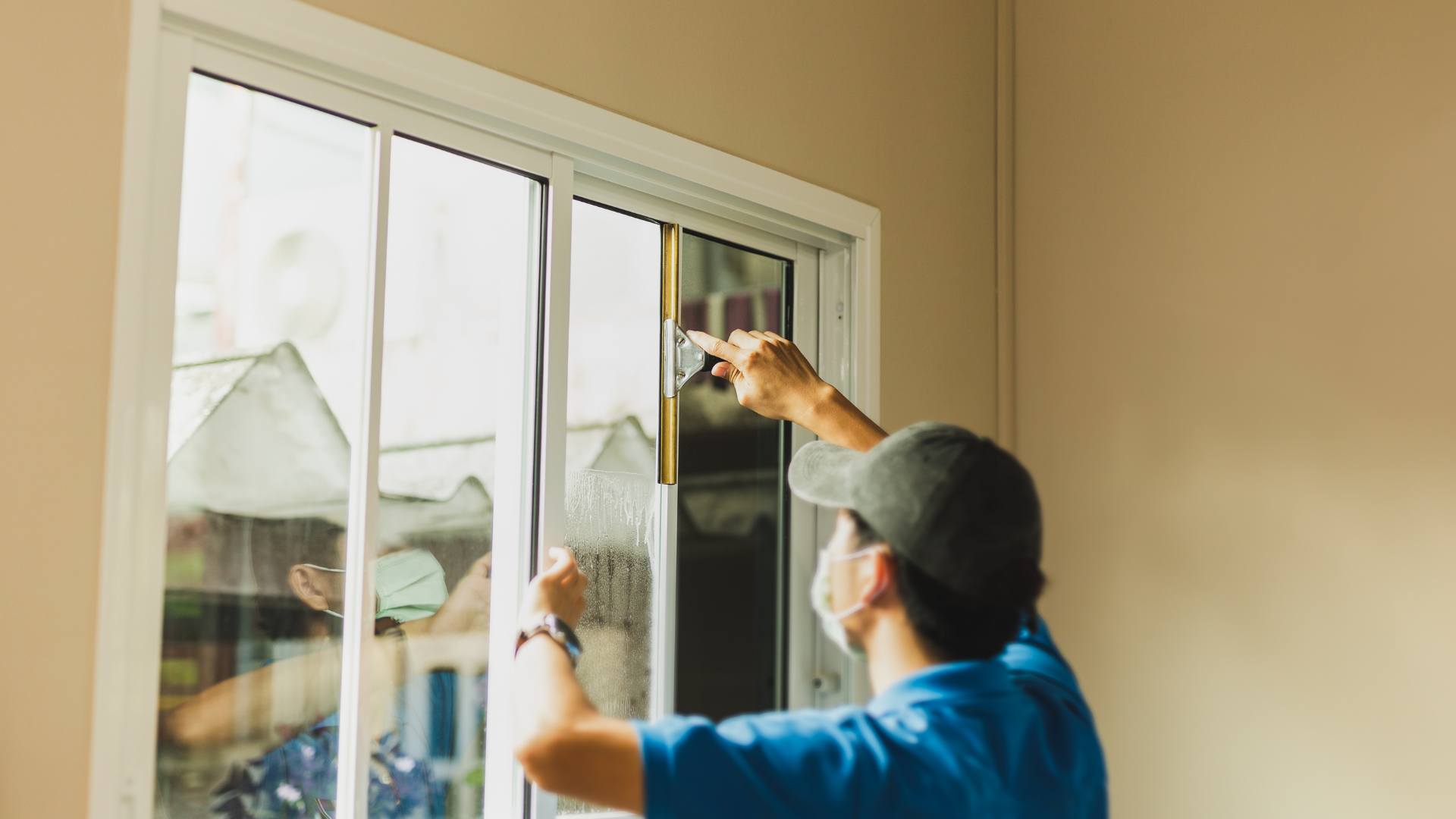 Technician finishing interior window trim after a glass installation
